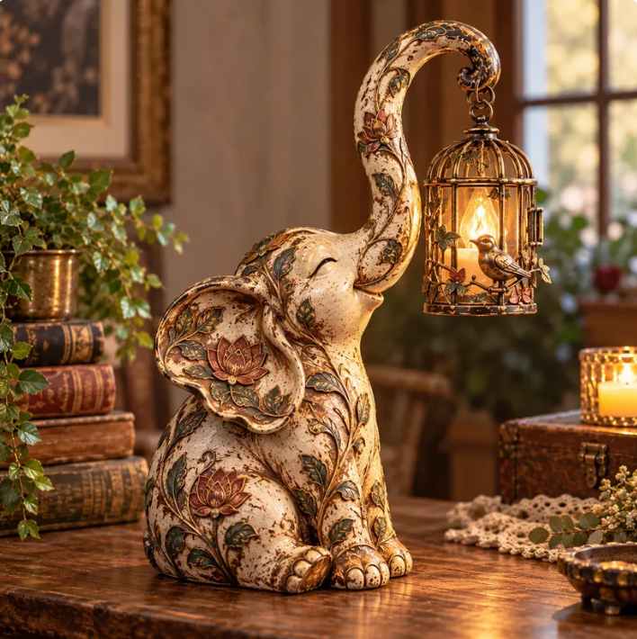 ✨Vintage Elephant Lantern Statue – Boho Floral Elephant Decor with Warm Hanging Light✨