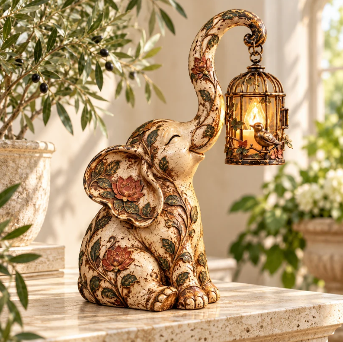 ✨Vintage Elephant Lantern Statue – Boho Floral Elephant Decor with Warm Hanging Light✨